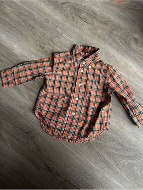 Ralph Lauren Baby Boy 9M Orange Plaid Long Sleeve Button Down Shirt 100% Cotton